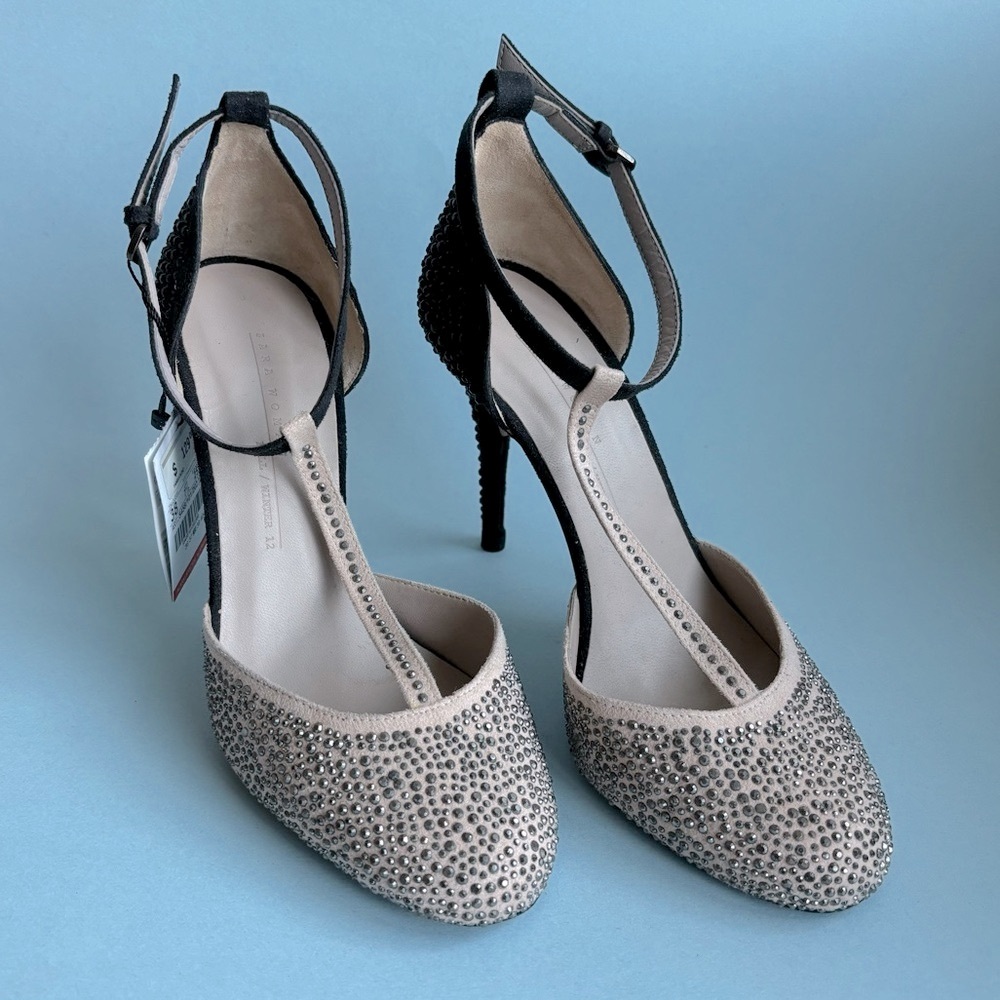Rhinestone Studded T-strap Heels in Nude/Black/Pewter combination